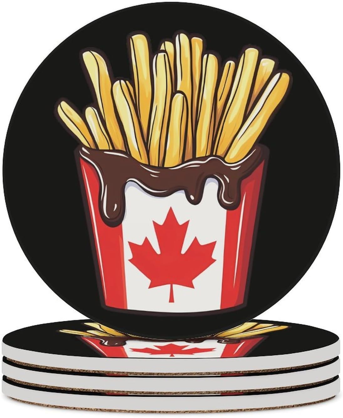 French Fries Canadian Flag Round Ceramic Coasters for Drinks Absorbent Cup Holder Tabletop Protector with Cork Base