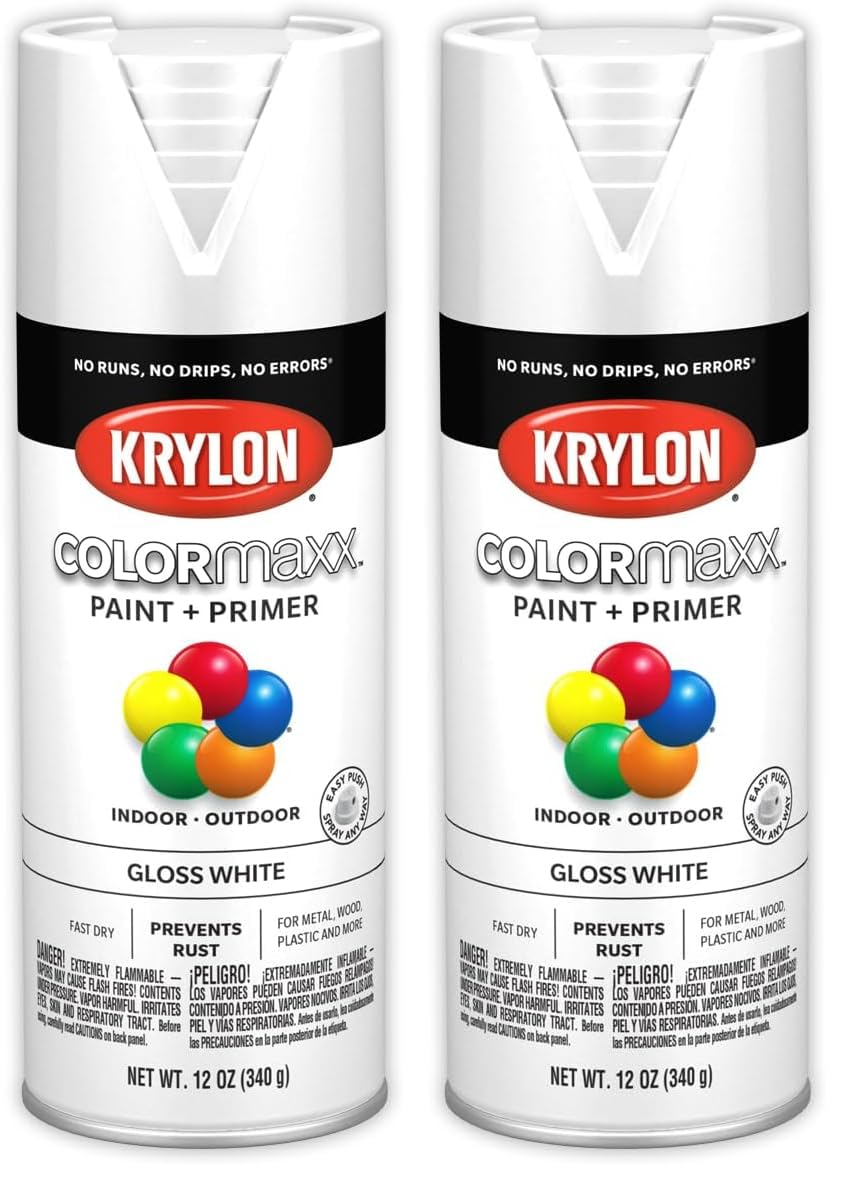 Krylon K05545007 COLORmaxx Spray Paint and Primer for Indoor/Outdoor Use, Gloss White 12 Oz (Pack of 2)