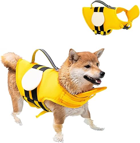 Chaleco salvavidas para perros con bonito diseño de abeja, soporte extra para la barbilla, detalles reflectantes y mango de rescate fuerte con