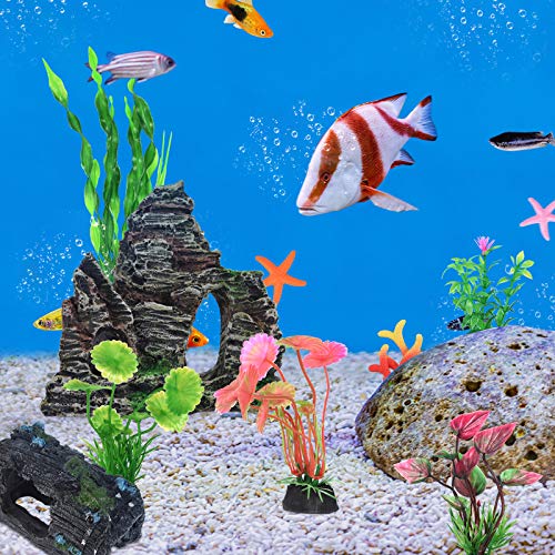 QZQ Aquarium Decorations Plastic Plants 14 PCS Fish Tank Plants Fish Tank Decorations Accessories Decor Set with Resinous Rockery Hideouts Coral Aquarium Plants and Resin Starfish - 6