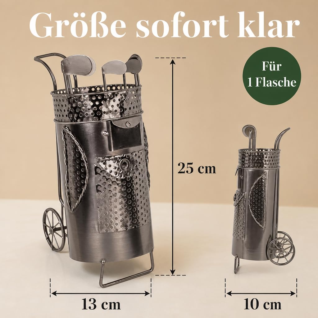 MIJOMA Porte-bouteille de vin sac de golf en métal - Porte-vin décoratif pour 1 bouteille - Fait à la main - Cadeau de golf - Porte-bouteille original pour vin, fer, 13 x 10 x 25 cm