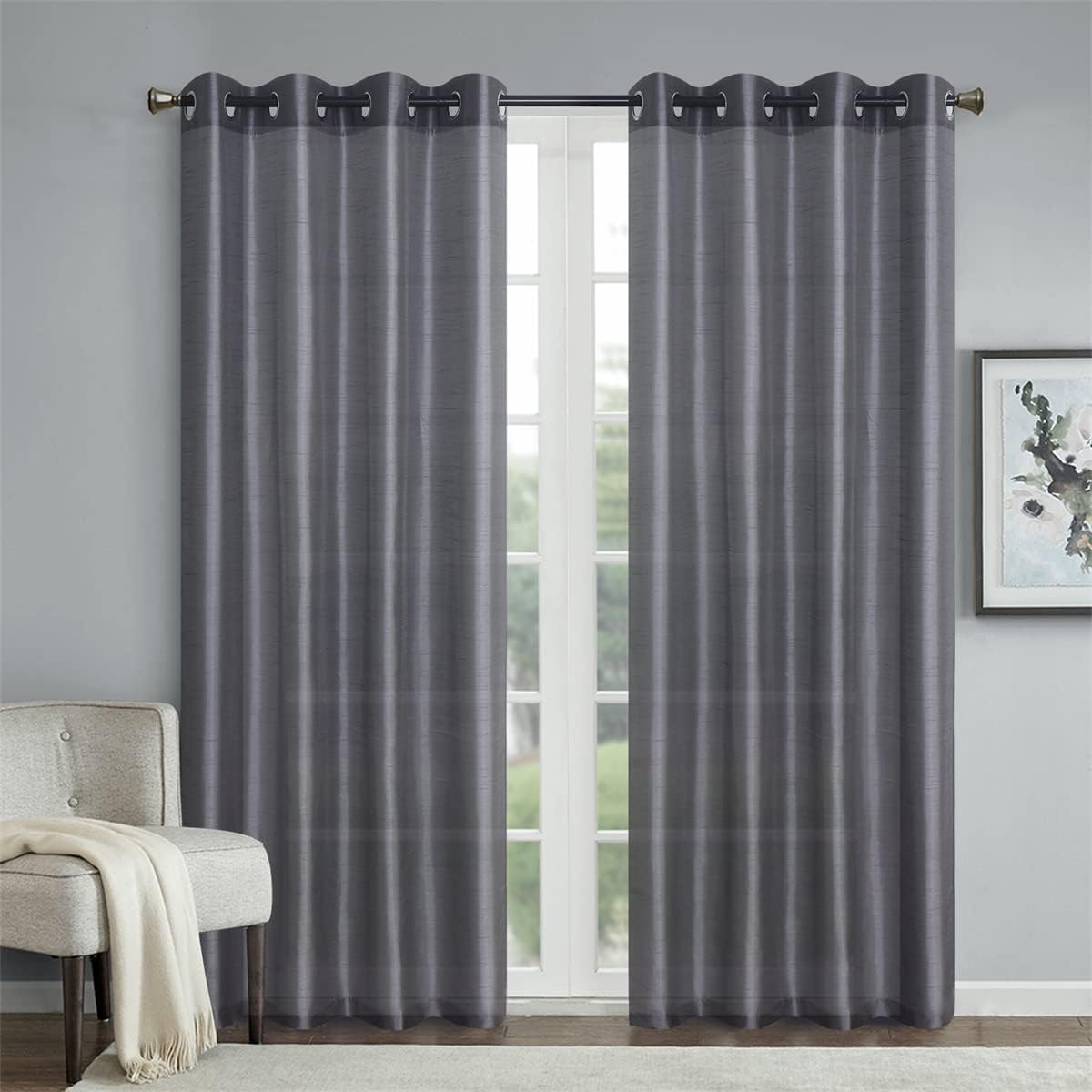 GYROHOME Faux Silk Sheer Curtains with Grommet Top Light Reducing Voile Drapes Window Treatment for Living Room Bedroom Dining Room, 2 Panels, Dark Grey, 52x120inch