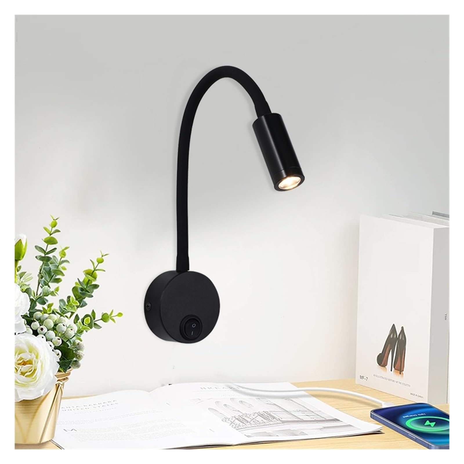 Lampa Ścienna LED 3W Z Gęsią Szyją, Elastyczna, Regulowana, Przełącznikiem, Do Pracy I Nauki, Montażu Na Ścianie, 85-265 V, Sypialni, Przy Łóżku, Lampka Nocna Elastyczna Regulacja(White)