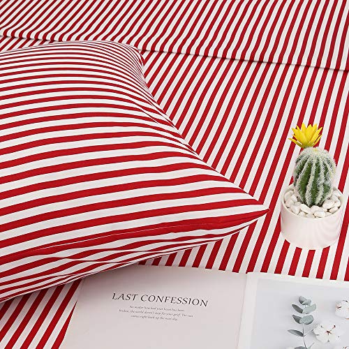 Image of Best Season Ticking Stripe Sheet Set,4 Piece Queen Size Microfiber Bedding,Burgundy Red and White Pinstripe Patterned,Deep Pocket