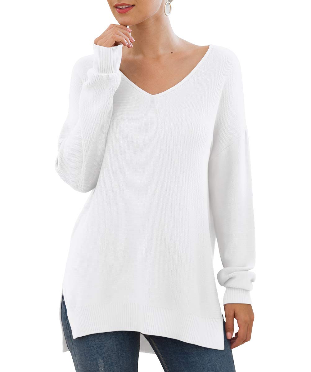GRECERELLEWomen's V-Neck Long Sleeve Side Split Loose Casual Knit Pullover Sweater Blouse