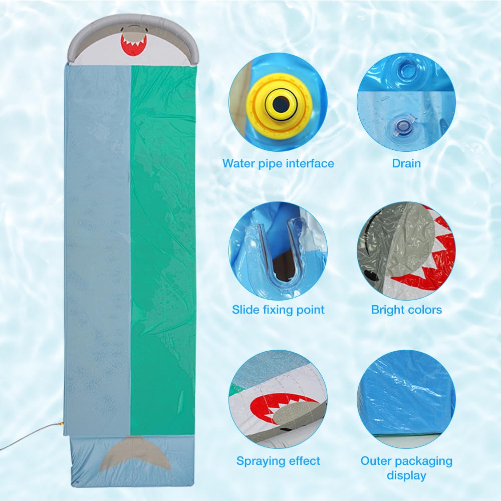 Wasserrutsche Garten 550x145cm aufblasbar mit 2 Bodyboards eingebautem Sprinkler Hai-Stil