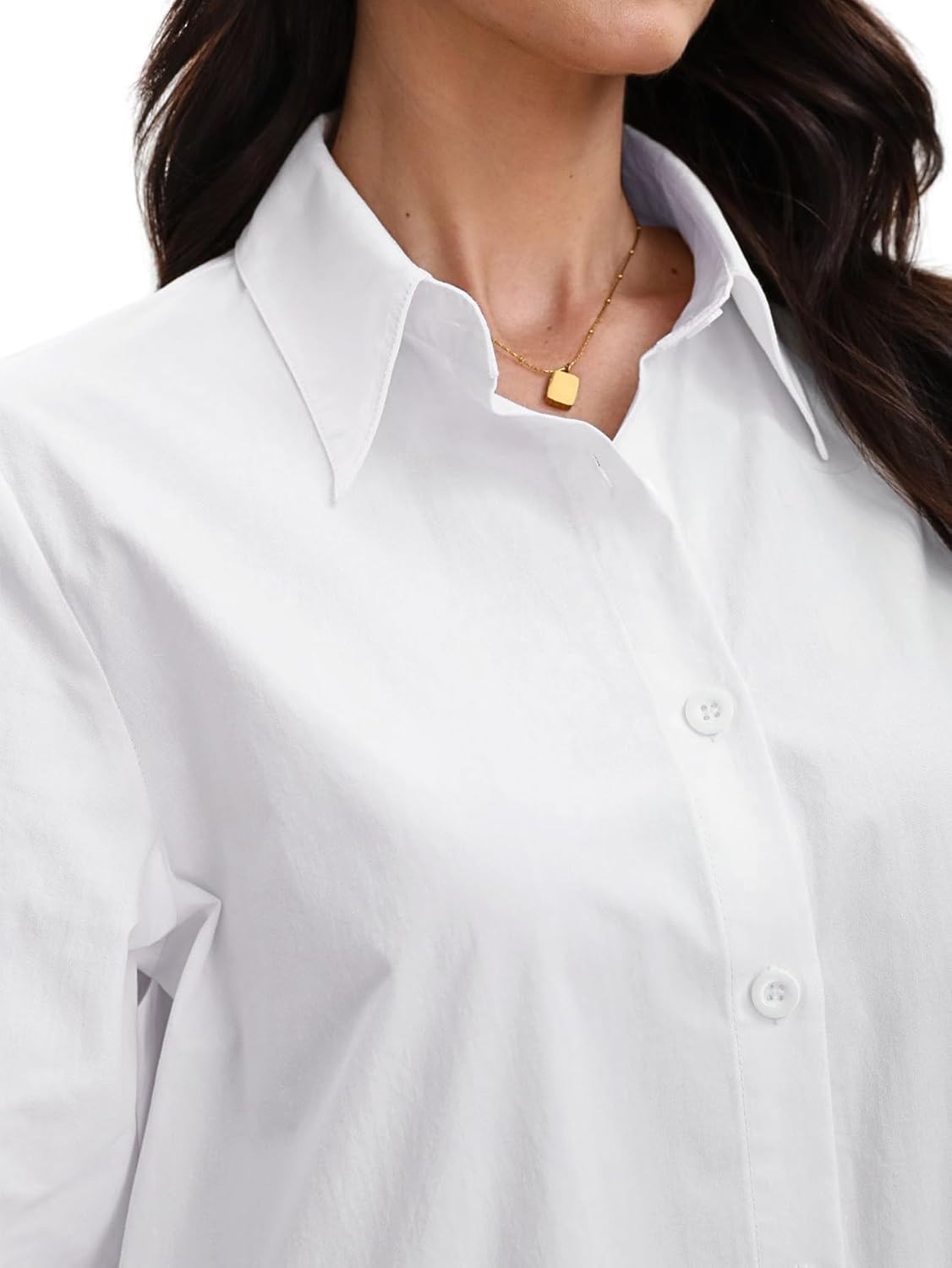 Womens Button Down Shirt Dresses Cotton Button Up Tunics Long Sleeve Solid High Low Blouse Tops White Medium - Image 3