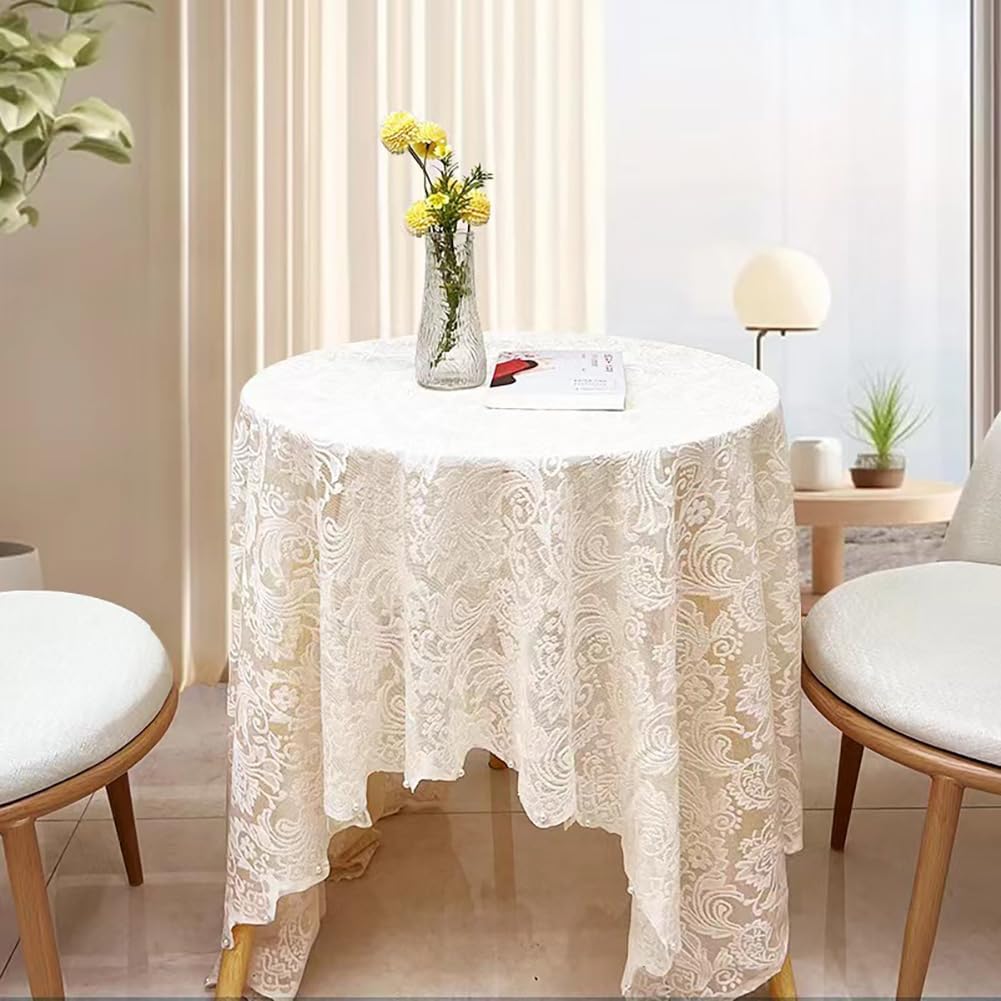 vctops Lace Tablecloth with Pearl Shabby Chic Flower Embroidered Decorative Table Cover Elegant Rectangle Table Cloths for Wedding Baby Shower Dinner Party Reception (Apricot,55"x98")