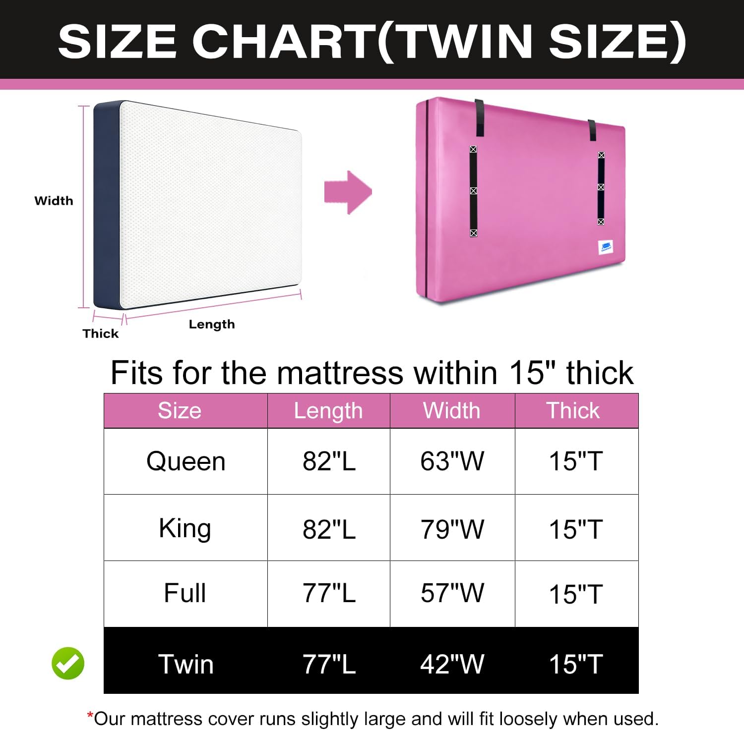 Mattress Bags for Moving and Storage,Twin Size,with Adjustable Adhesive Straps,8 Handles,Strong Zipper,Heavy Duty & Waterproof & Dust Proof,Reusable Mattress Protector Covers,Pink