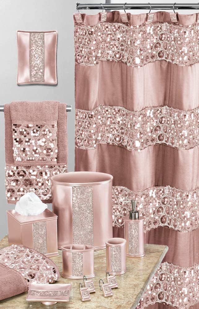 Popular Bath Sinatra Blush 8 Piece Shower Curtain and Resin Wastebasket Set