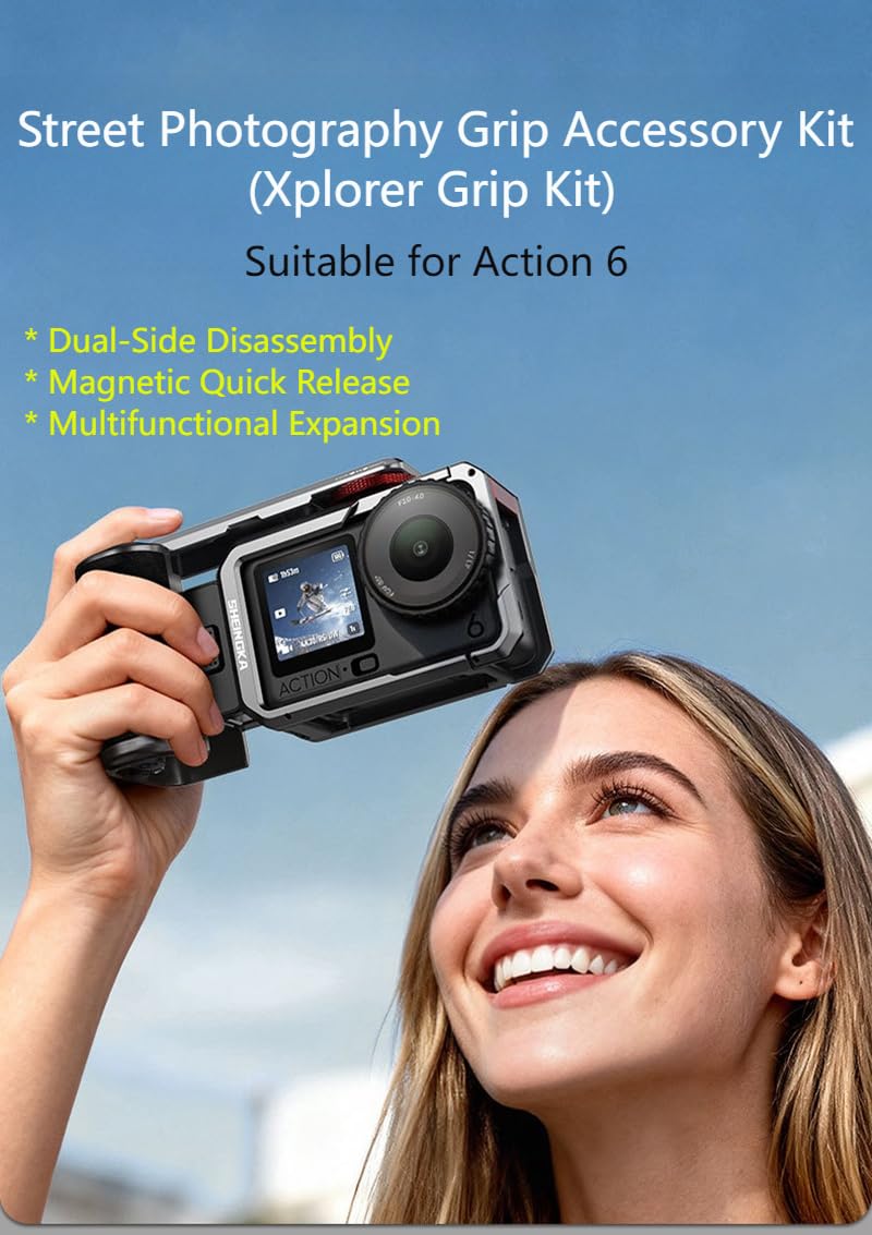 Zestaw uchwytów do fotografii ulicznej kompatybilny z DJI Osmo Action 6 – uchwyt boczny aparatu z osłoną przeciwsłoneczną, interfejs zimnej stopki i pasek na nadgarstek