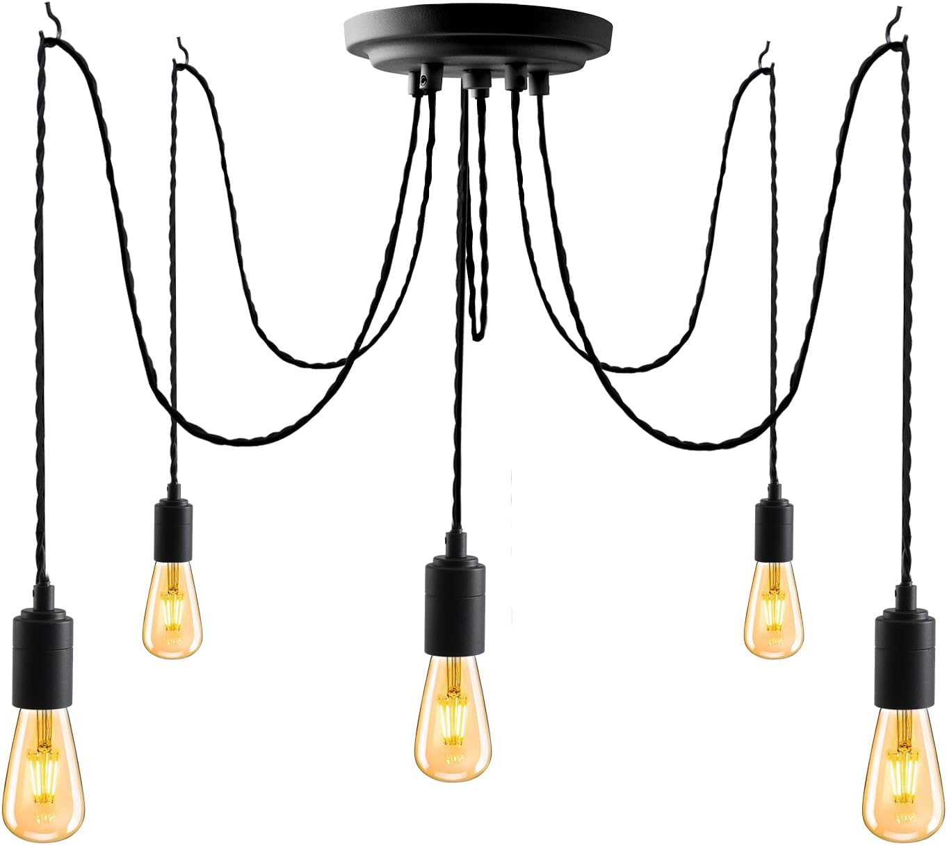 5Lights Black Industrial Pendant Light Fitting,Multiple Spider Ceiling Pendant Lamp Chandelier with Adjustable 3M Twisted Braided Cable E27 Lamp Holder