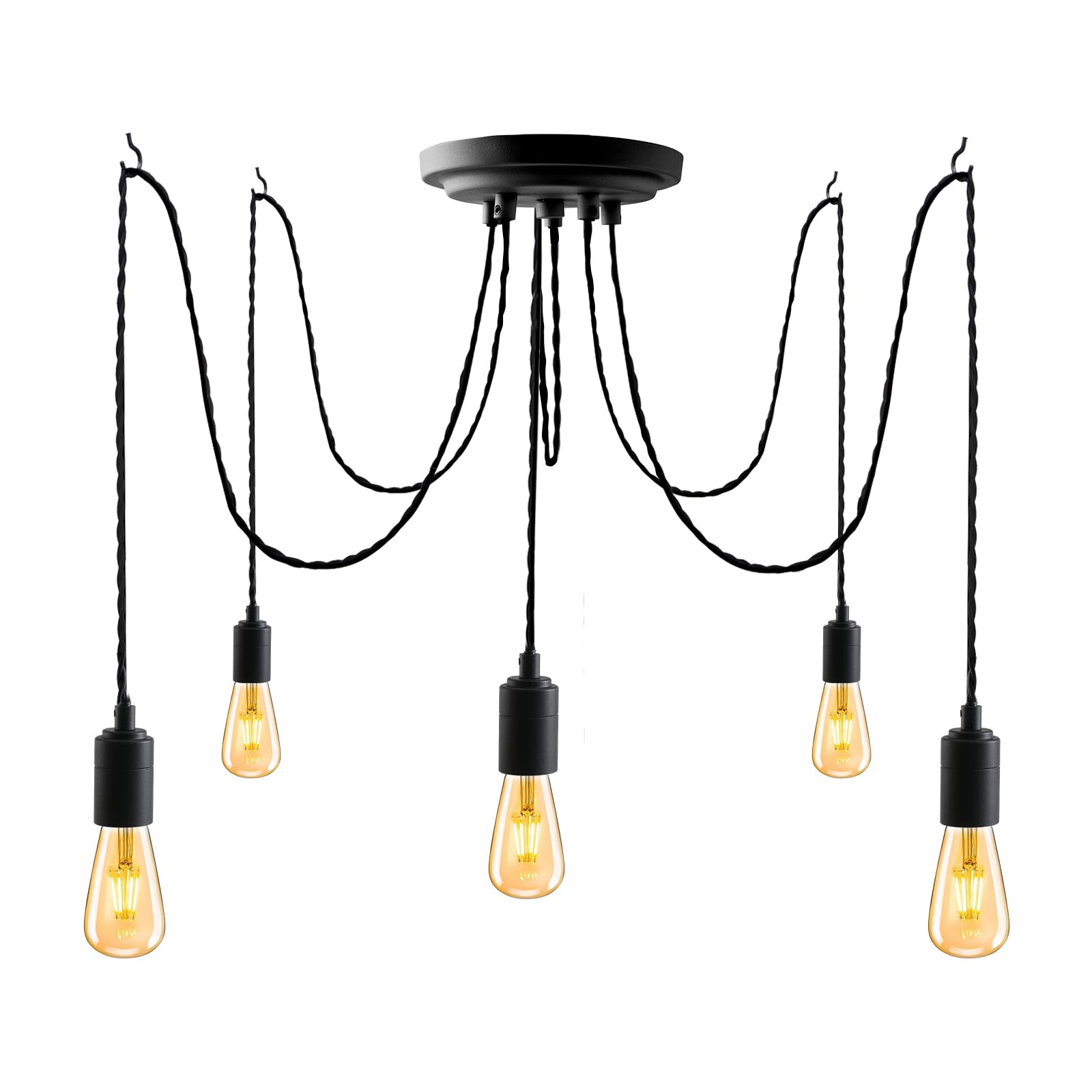 5Lights Black Industrial Pendant Light Fitting,Multiple Spider Ceiling Pendant Lamp Chandelier with Adjustable 3M Twisted Braided Cable E27 Lamp Holder