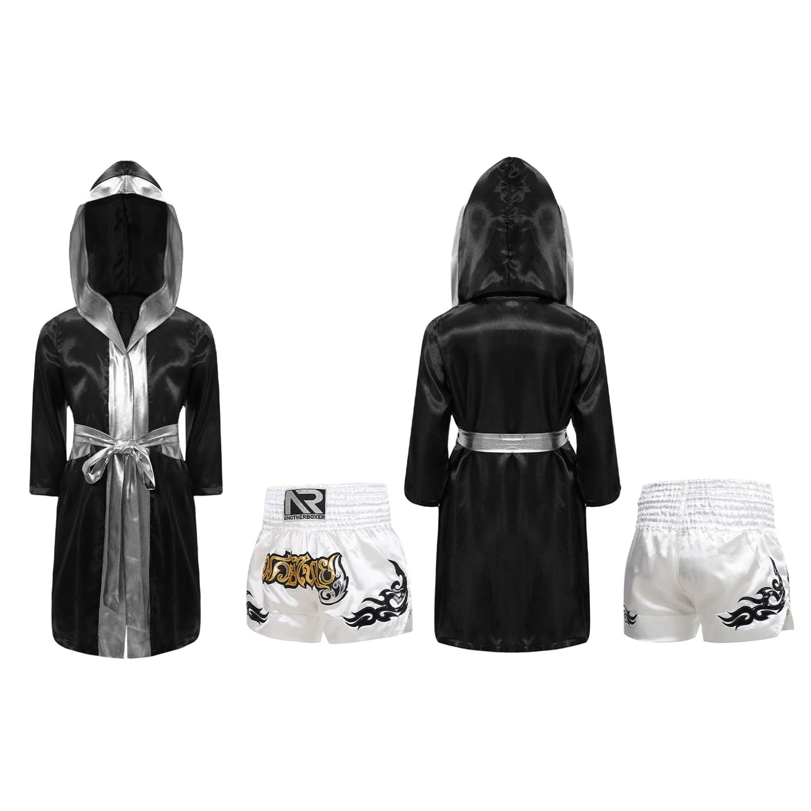 Conjunto de pantalones cortos de boxeo para niño, bata de entrenamiento boxing MMA Muay Thai 5-16 años Negro Plata Blanco