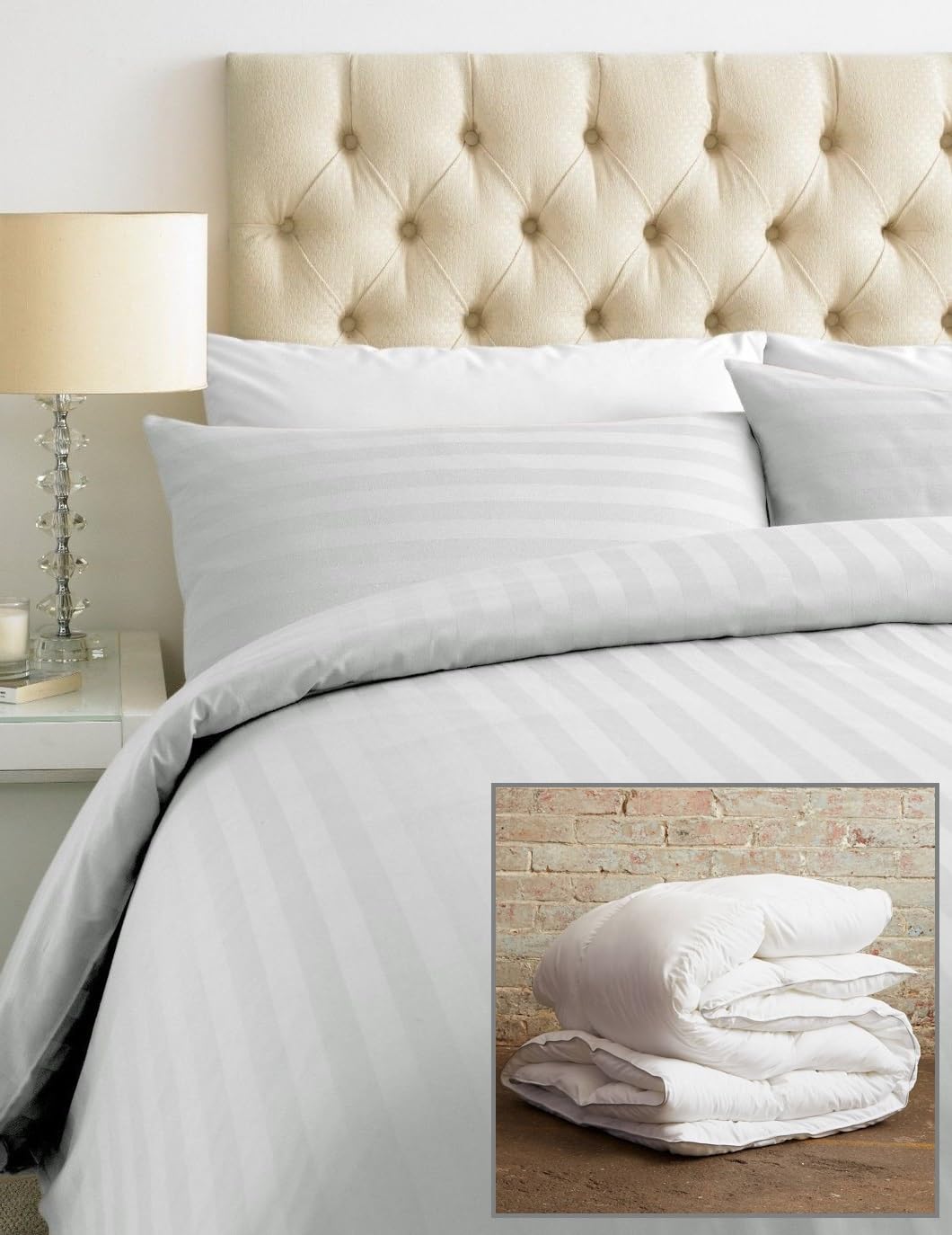 Bedtime Comforts Ltd EMPEROR BED SIZE DUVET QUILT COVER + 2 PILLOWCASES - WHITE SATIN STRIPE - 100% Cotton (Duvet Cover Set + Duvet)