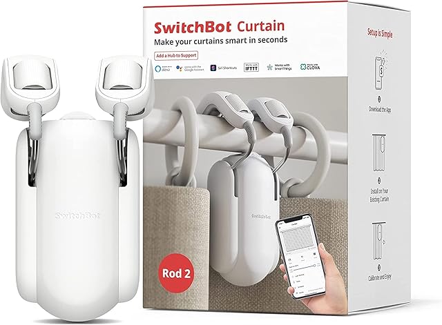 [Upgraded Version] SwitchBot Curtain Smart Electric Motor - Wireless App Automate Timer Control, Add SwitchBot Hub to Make it Compatible with Alexa, Google Home, IFTTT (Rod2.0 Version, White)