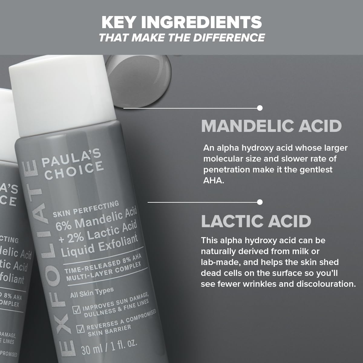 PAULA'S CHOICE SKIN PERFECTING 6% Acido Mandelico + 2% Acido Lattico AHA - Esfoliante Riduce Le Linee Sottili e le Rughe - Tutti i Tipi di Pelle - 30 ml