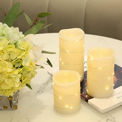 Miniatura 5 de H-BLOSSOM Velas parpadeantes sin llama, pilar de cera real color marfil con cadena de luces incrustadas, velas LED que funcionan con pilas con