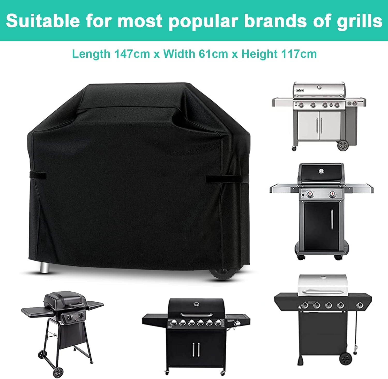 RICHIE Copertura per barbecue, copertura per barbecue all'aperto, 147 x 61 x 117 cm, 420D resistente, impermeabile, con velcro, antivento, resistente ai raggi UV e antistrappo/nero