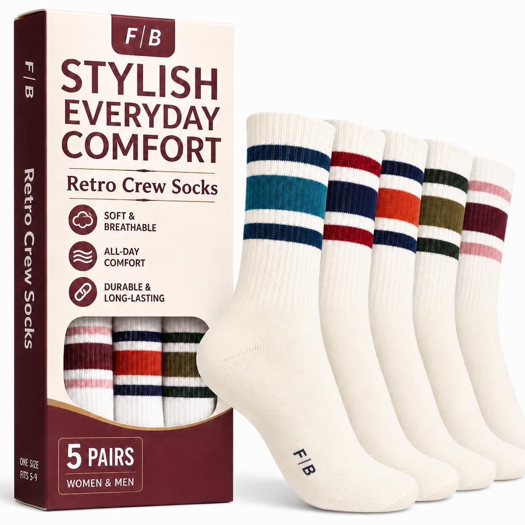F|B Striped Retro Crew Socks for Women and Men - Pair of 5 Triple Striped Socks with Terry Cushioned Sole
