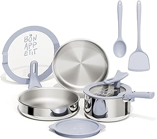 CAROTE Tri-Ply Stainless Steel Cookware Set with Stand-Up Lid, 11Pcs Pots and Pans Set Non Stick, Induction Kitchen Cooking Sets with Detachable Handle, Oven Safe to 600°F, Non Toxic Dishwasher
