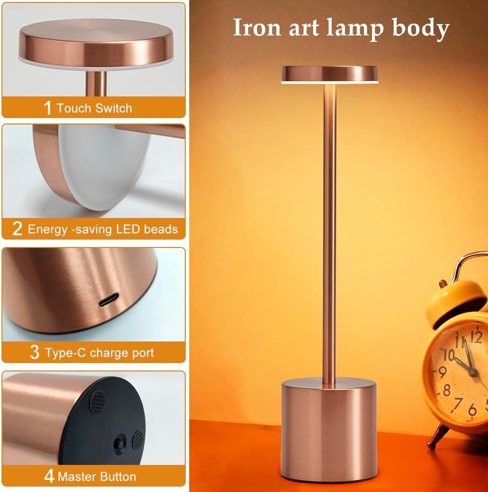 2 Pack LED Rechargeable Cordless Table Lamps,Portable Outdoor 5000 mAh Battery Operated Table Light Touch Control 3 Color Dimmable Lamp for Patio/Cofee/Restaurant/Camping/Dining/Bedroom-Rose Gold