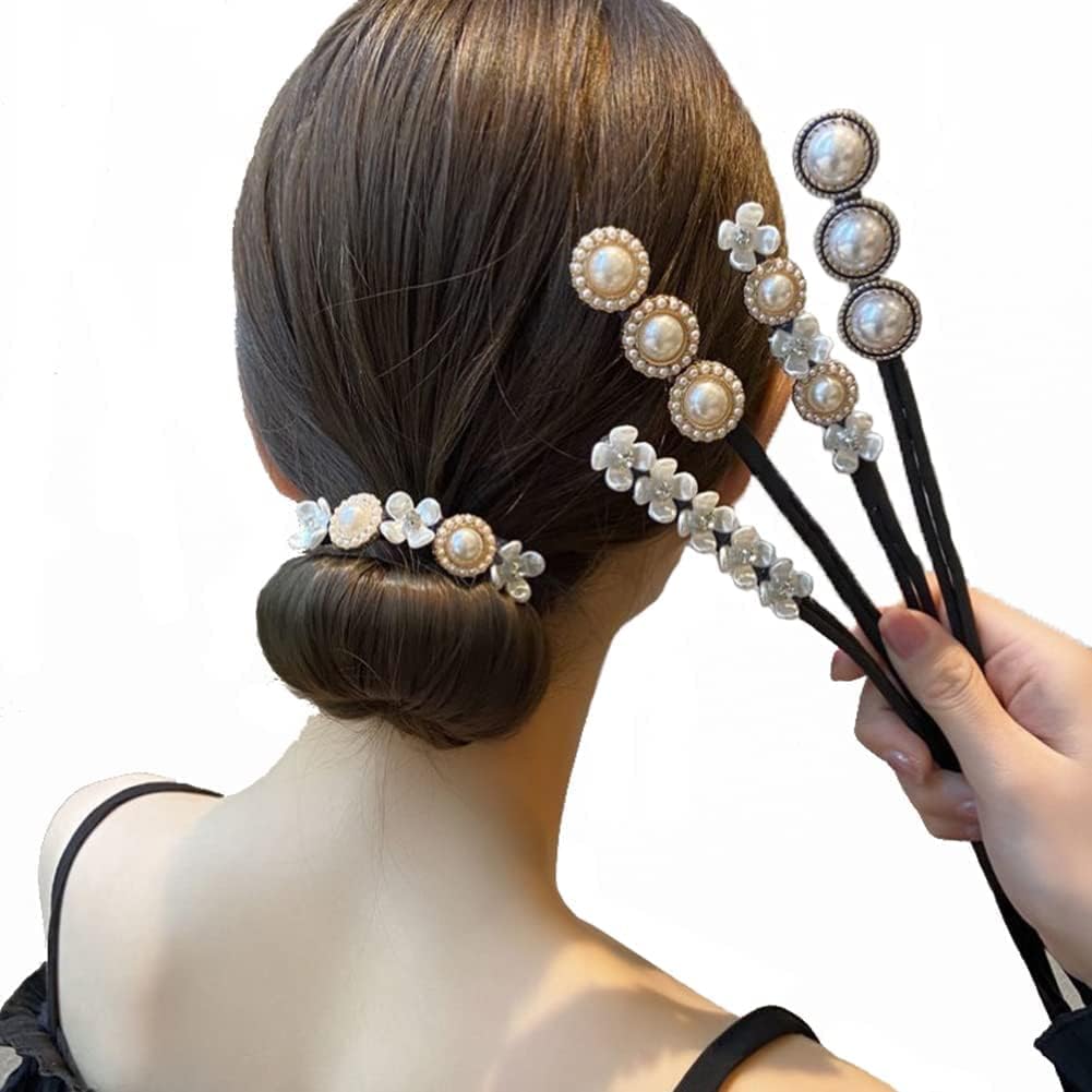ericotry 4Pcs Magic Hair Bun Maker Flower Hairpins Hair Twist Curler DIY Hair Styling Tool Decorated with Pearls and Small Fowers for Fine Hair Ladies and Girls
