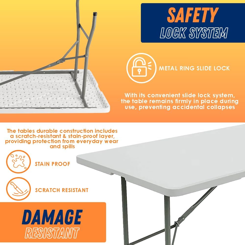 8FT Folding Table Indoor Outdoor Heavy Duty Portable Folding Plastic Dining Table w/Handle, Lock for Picnic, Party, Camping - White