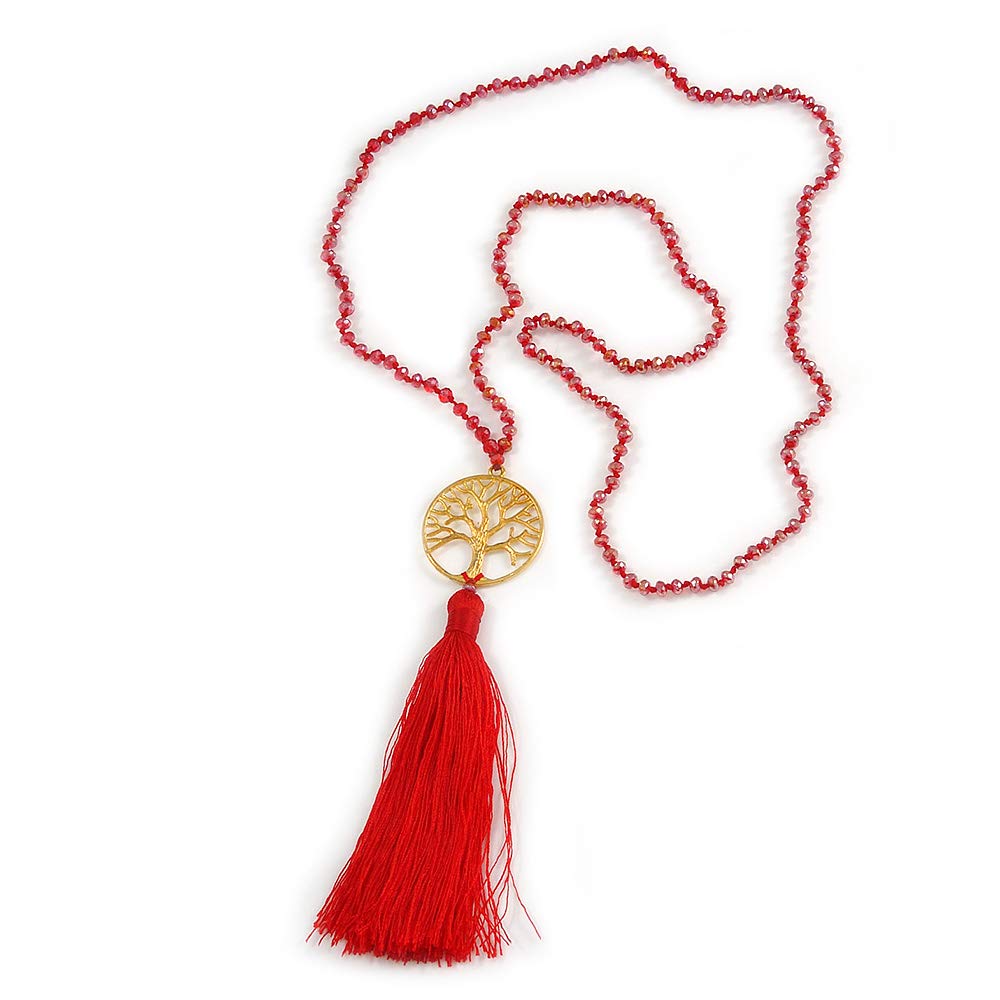 Red Crystal Bead Necklace with Gold Tone Tree of Life/Silk Tassel Pendant - 84cm L/ 10cm Tassel