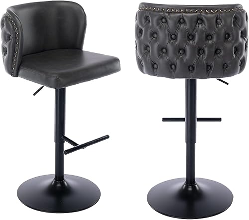 Juego de 2 taburetes de bar giratorios modernos, tapizados de piel sintética, con altura ajustable, con respaldo copetudo y base de metal dorado