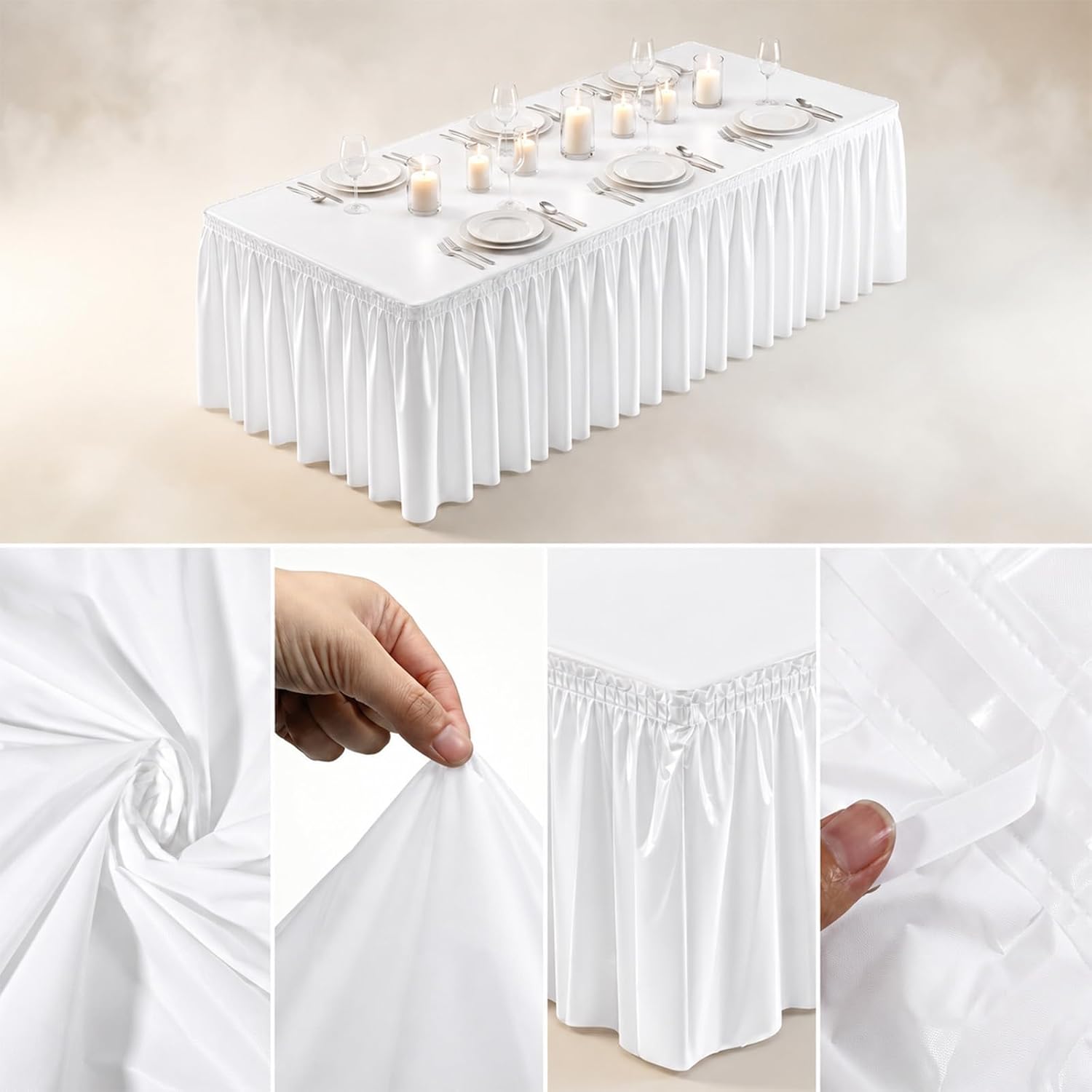 8Pcs Table Skirts and Stainproof Ruffle Tablecloth 54 x 108In White Table Cloth Rectangle 168 x 29In Desk Skirt with Adhesive Strip for Wedding Baby Shower Christmas Gender Reveal Decor Party