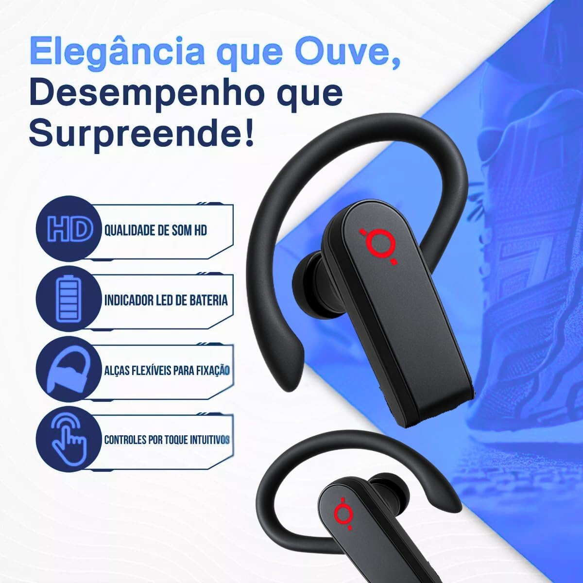 Fones de Ouvido Bluetooth Sem Fio, Esportivo c/ 80h de Reprodução com LED Display e com Gancho Anti Quedas, IPX7 à Prova d'Água, Graves Profundos, Compatível com iOS e Android - Esportes/Treino Fones de Ouvido Bluetooth Sem Fio, Esportivo c/ 80h de Reprodução com LED Display e com Gancho Anti Quedas, IPX7 à Prova d'Água, Graves Profundos, Compatível com iOS e Android - Esportes/Treino