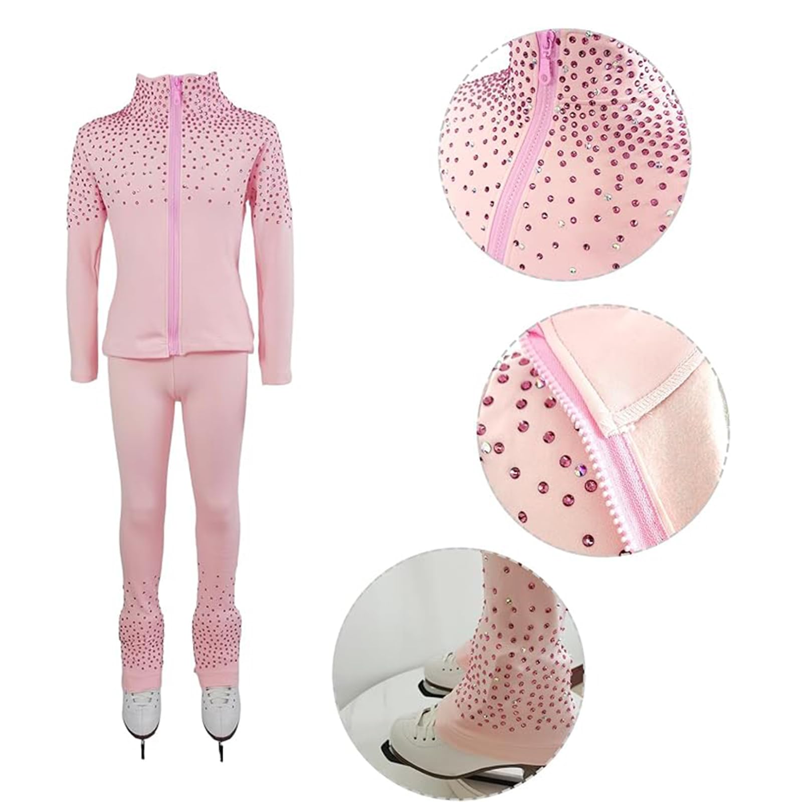 LIUHUO Pantalon de Patinage Artistique pour Filles et Femmes Rose Polaire Polyester Pierres de qualité Leggings de Patinage sur Glace