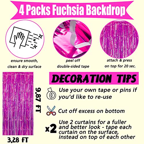 Image of 4 Pack Fuchsia Fringe Curtain Backdrop, 3.2Ft x 9.8Ft Metallic Tinsel Foil Fringe Streamers Background for Photo Booth Birthday Wedding Baby Shower Carnival Easter Mother's Day Party Decorations