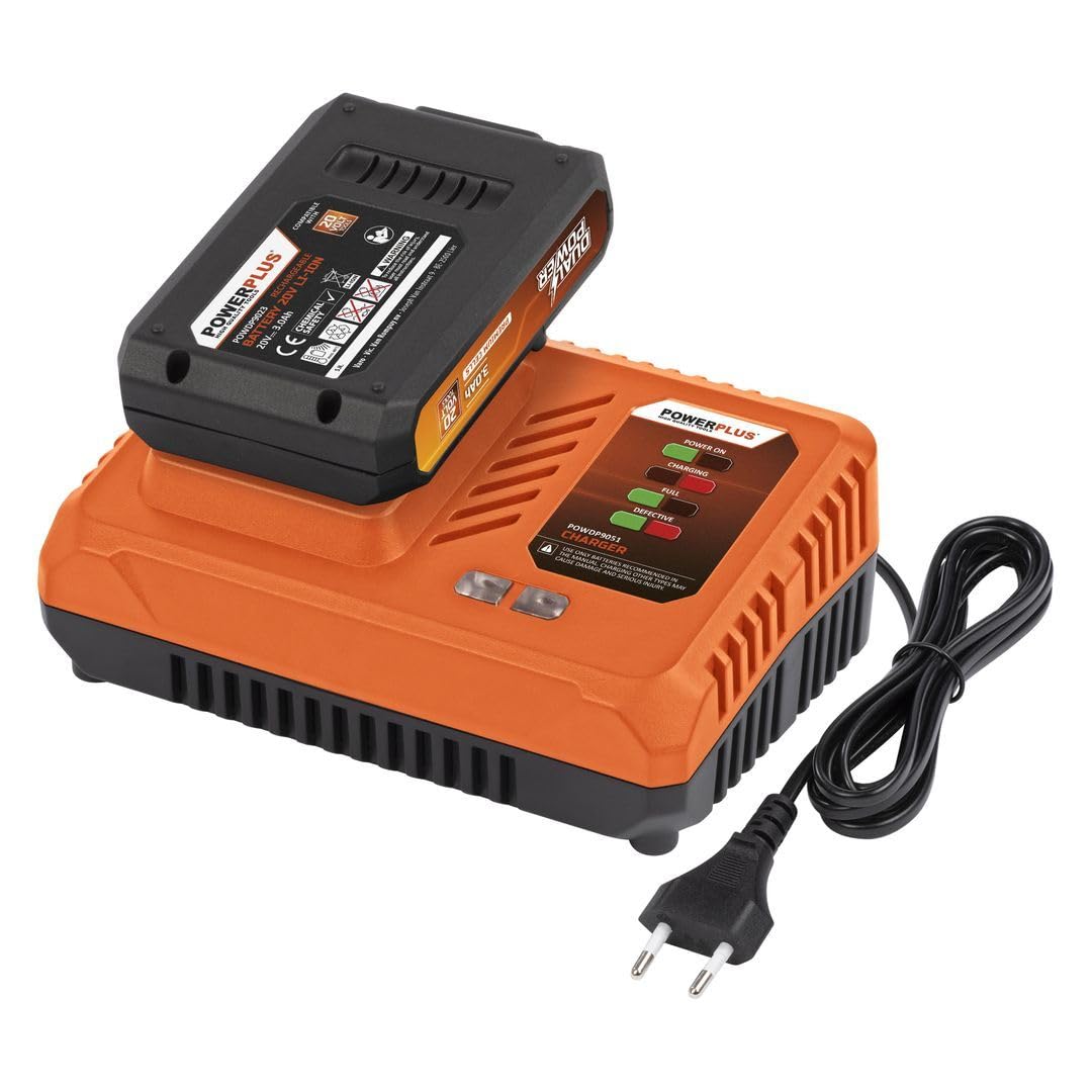 Set de Batterie et Chargeur Powerplus Dual Power POWDP9063 - Batterie 3,0 Ah de 20 V et Chargeur 4 A - pour Outils de Bricolage sans Fil de 20 V - Plateforme de Batterie