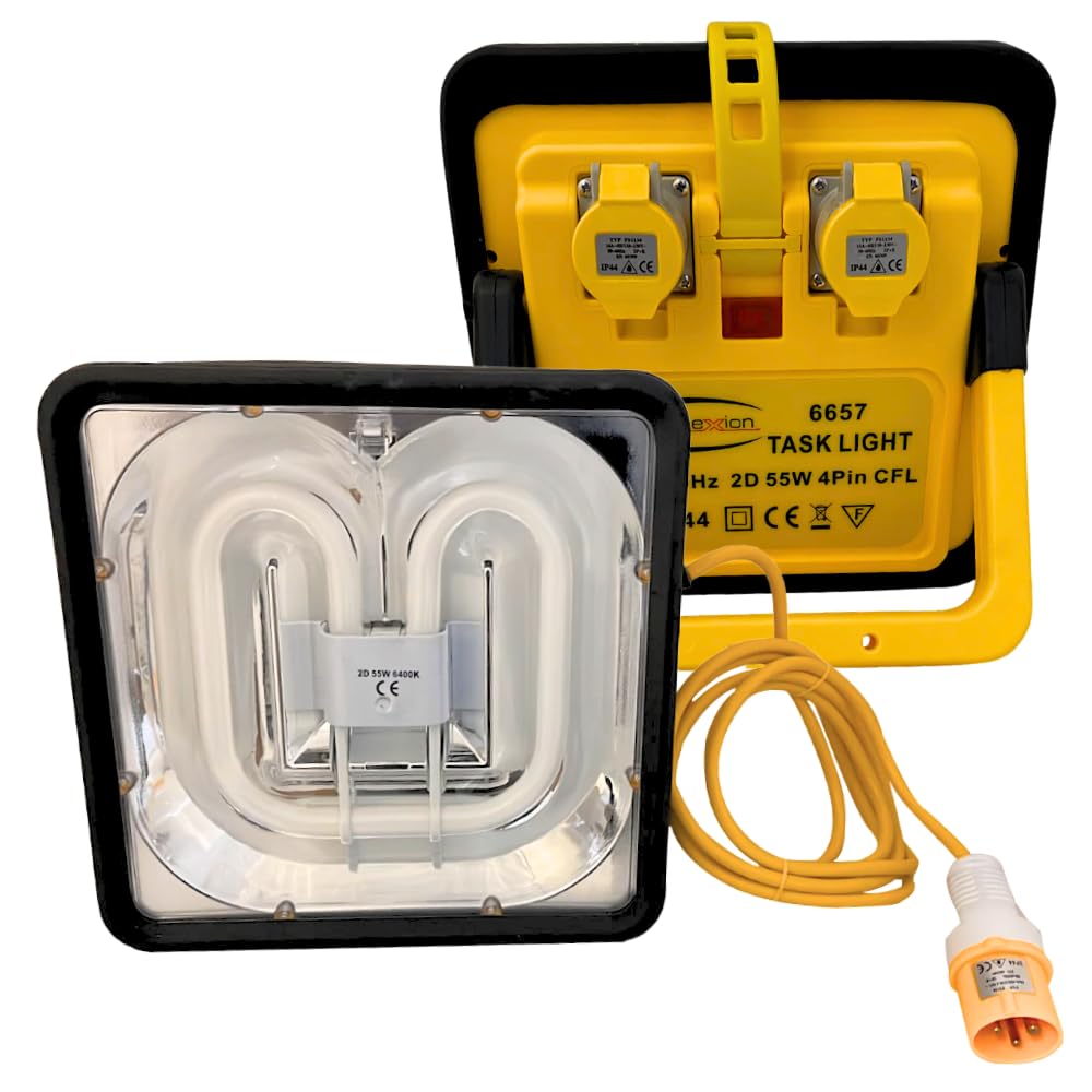 55W Task Light 110V Linkable Work Light 2x16 Amps Sockets IP44 Rated for Work Sites and Construction
