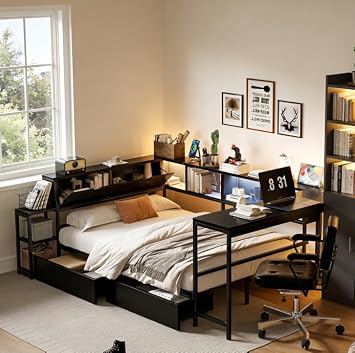Full Corner Bed with Desk and 6 Bookcase, Full Corner Daybed with Storage Drawers, LED Light and Charging Station, Metal Full Size Corner Bed Frame for Living Room Bedroom Guest Room, Black