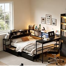 Full Size Corner Bed Frame with Desk & Charging Station, Full Corner Daybed with Storage Drawers, LED Light and 6 Bookcase, Metal Corner Bed Frame Full for Living Room Bedroom Guest Room, Black