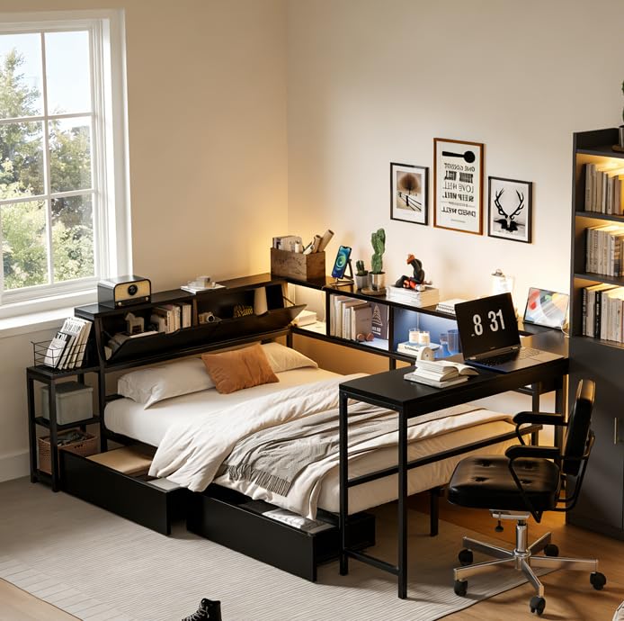Queen Corner Bed Frame with Desk and 2 Charging Station, Corner Queen Bed Frame with Storage Drawers, LED Light and 6 Bookcase, Metal Queen Corner
