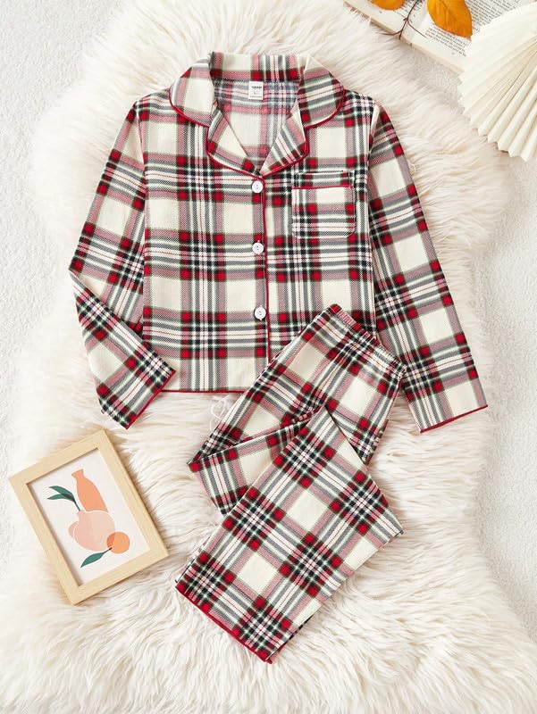 PABROS Girl's Cotton Lycra Pajama Set, Button-Down Long Sleeve Top with Pants, Checkered Pattern, Summer Loungewear Sleepwear Cream 2