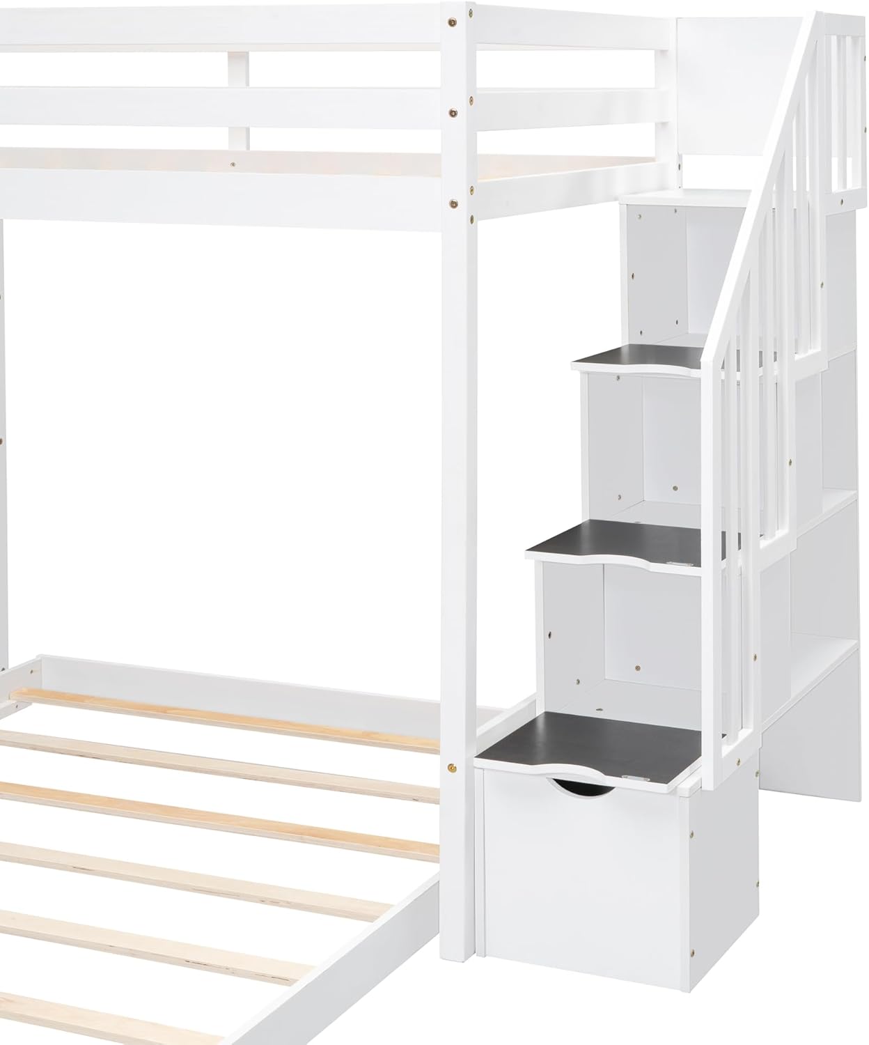 Merax Twin Over Full Bunk Bed with Drawers, Wood Bunk Bed with 3-Layer Shelves and Storage Stairs, White