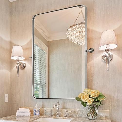 Miniatura 2 de Espejos de baño de oro cepillado de 28 x 36 pulgadas para pared, espejo giratorio de baño con marco de metal de latón con esquina redondeada,