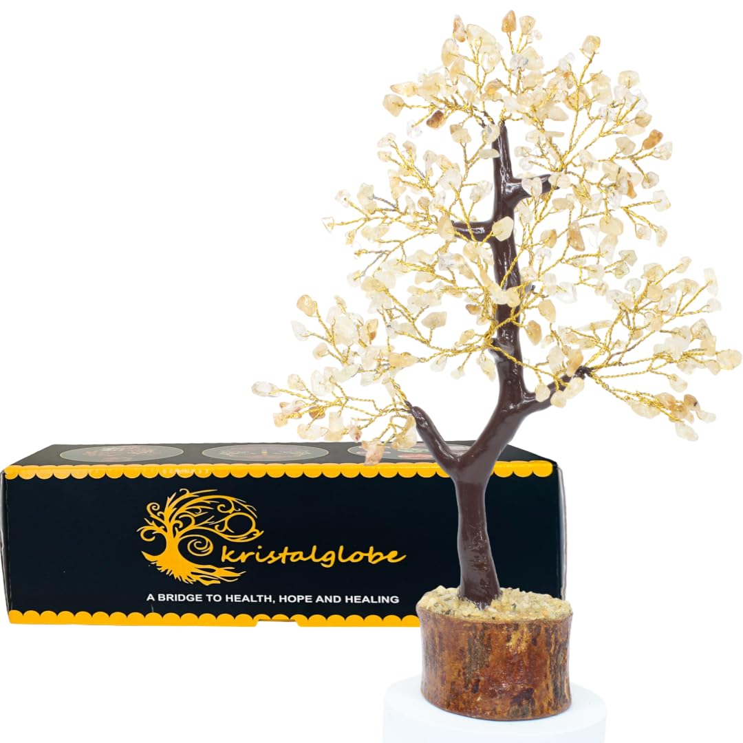 Citrine Healing Crystal Tree of Life – Handmade Gemstone Bonsai 300 Natural Stones on Golden Wire & Wooden Base – Reiki