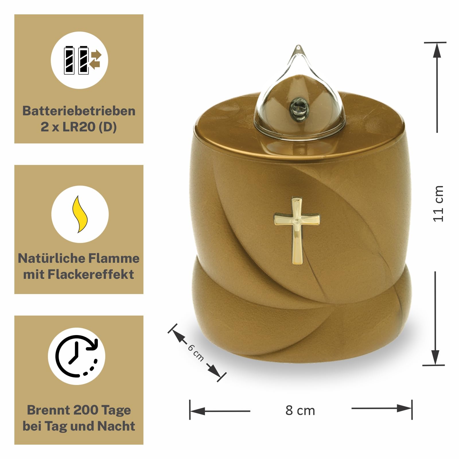AROBA LED Grave Candle - Flickering Effect - Long Burning Time up to 200 Days - Reusable Cemetery Candle - Gold Holy Cross - Image 2
