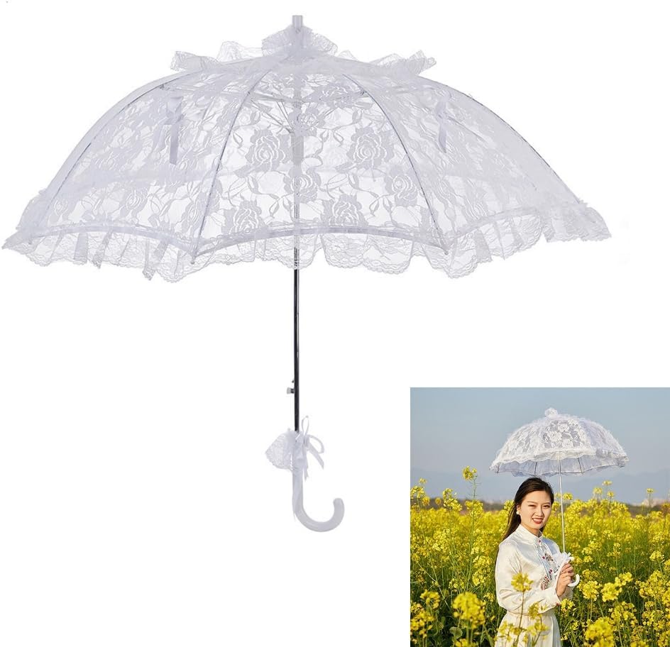 Lace Parasol for TeaParty Wedding Bride Photo Props Rose Lace Bride Umbrella for Bridal Shower Stage