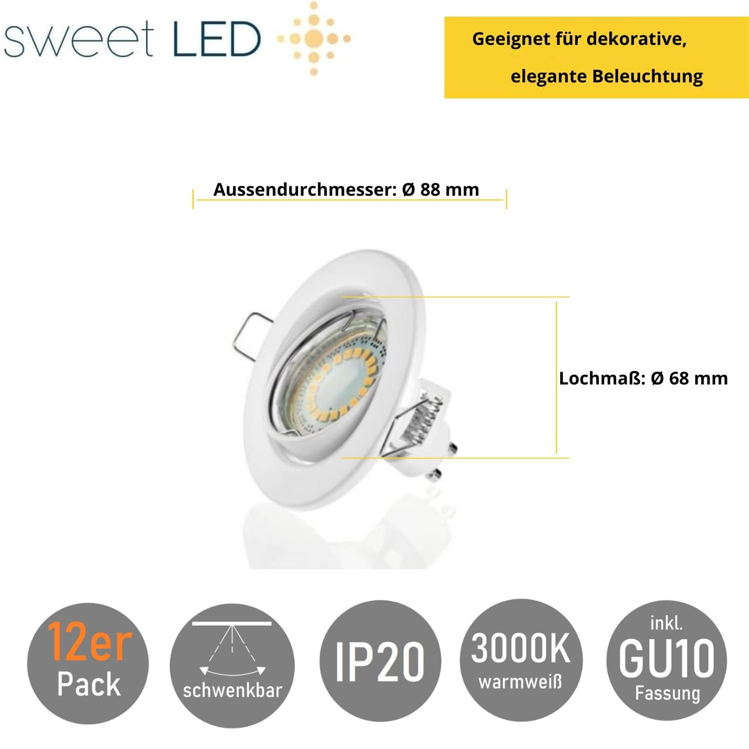 Sweet Led Einbaustrahler 230V Weiß 12er Set – Deckenspots schwenkbar Ø68mm – 5W GU10 warmweiß 3000K – Einbauleuchten mit Keramik-Fassung & austauschbarem Leuchtmittel