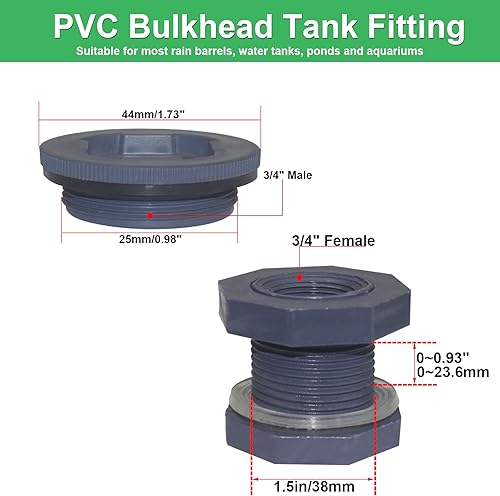 Miniatura 2 de Adaptador de conector de tanque de agua de PVC con tapones para barriles de lluvia, tanque de agua, acuarios y estanques (34 "-2 piezas)