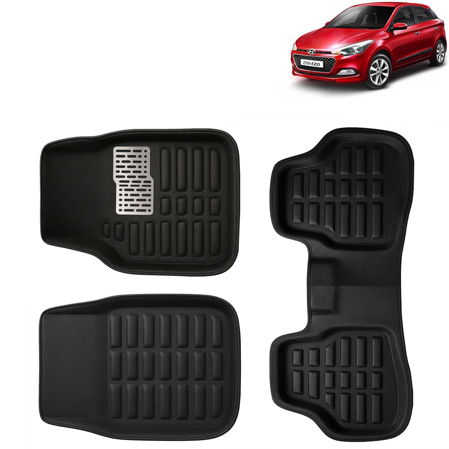 KINGSWAY Accessories Premium 3D Car Floor Mats Only Compatible with Hyundai Elite I20 Year 2014 to 2017 All Model, Set of 3, 100% Waterproof Tray Shape PVC 3D Car Foot Mats Anti-Slip Car Mat, Black