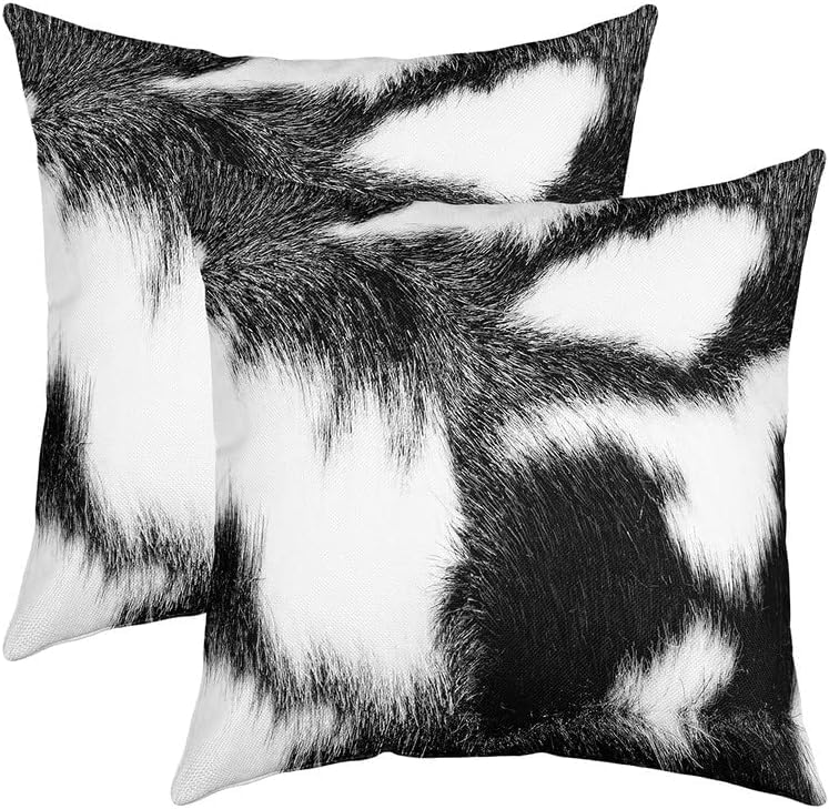 Cowhide Fur Throw Pillow Covers 45x45cm Set of 2 Soft Farm Animal Cow Skin Pillow Cases Cushion Covers for Living Room Bedroom Black White Cow Hair Decorative Throw Pillowcases for Sofa Couch Chair
