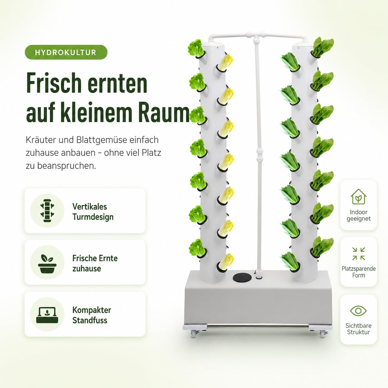 Sistema hidropónico de 56 agujeros, sistema de cultivo hidropónico vertical, torre hidropónica, riego automático, juego de hidroponía con depósito de agua de 30 l y ruedas (blanco)